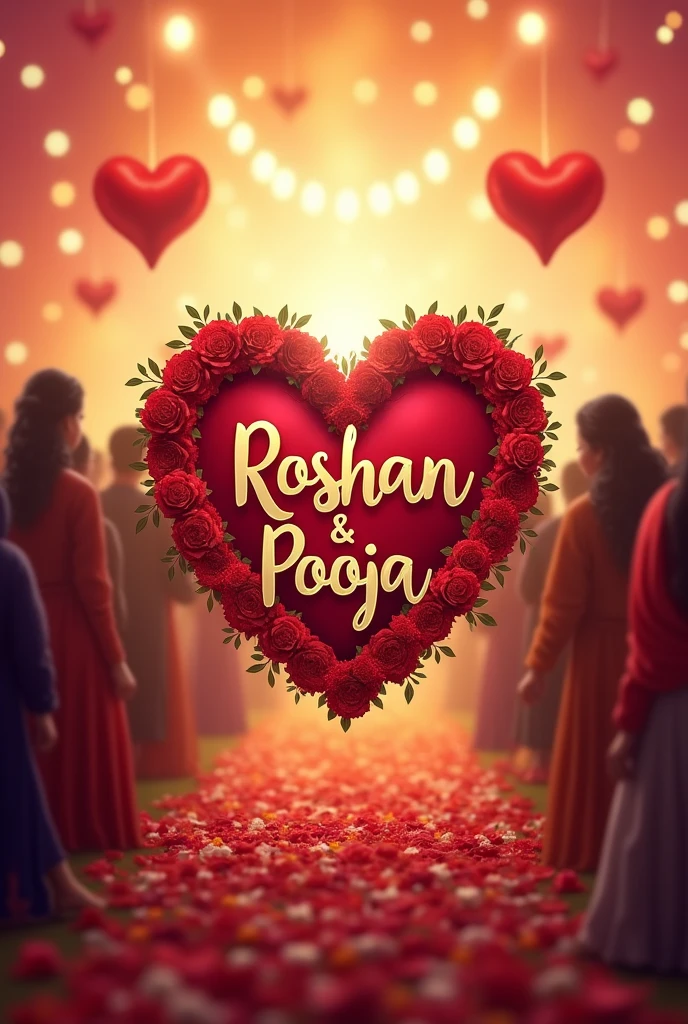 Roshan and Pooja name in heart weding card people crowd watching