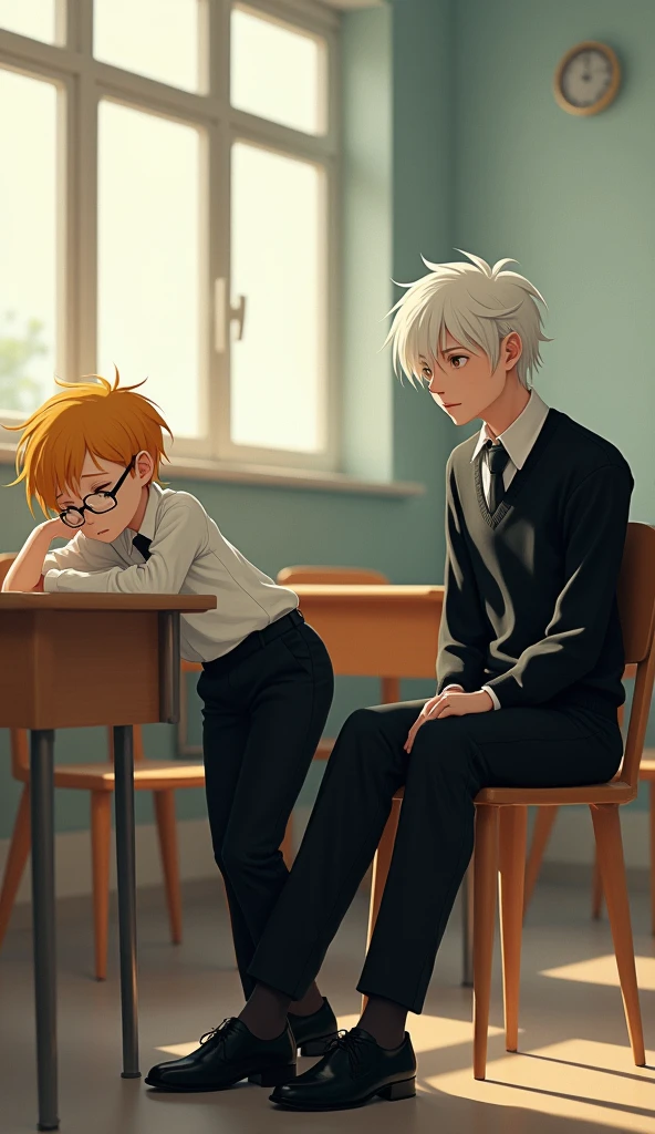 A quiet classroom in the morning, with soft natural light streaming through the windows. Jab, a skinny boy with a distinct appearance, is lying down on his desk, appearing tired or sleepy. He has short, yellow hair that contrasts with his black-framed glasses. He’s dressed in a crisp white long-sleeved shirt, neatly tucked into black pants, with a black tie and polished black leather shoes, completing his sharp and clean look. His head is resting on his arms. Next to him, Jam, a young man with a well-defined physique and striking white hair, is sitting upright in his chair, attentively watching Jab with a concerned or curious expression. Jam is dressed in a black sweater without a zipper, layered over a white long-sleeved shirt. His attire is completed with a black tie, black pants, and polished black genuine leather shoes. The clean lines and sharp details of his outfit contrast elegantly with his white hair. The classroom is empty, with no other students or teachers present. The desks and chairs are arranged neatly, and the scene has a peaceful, almost serene atmosphere, with soft lighting highlighting the details of both Jab’s and Jam’s unique features and attire.(hyper realistic)
