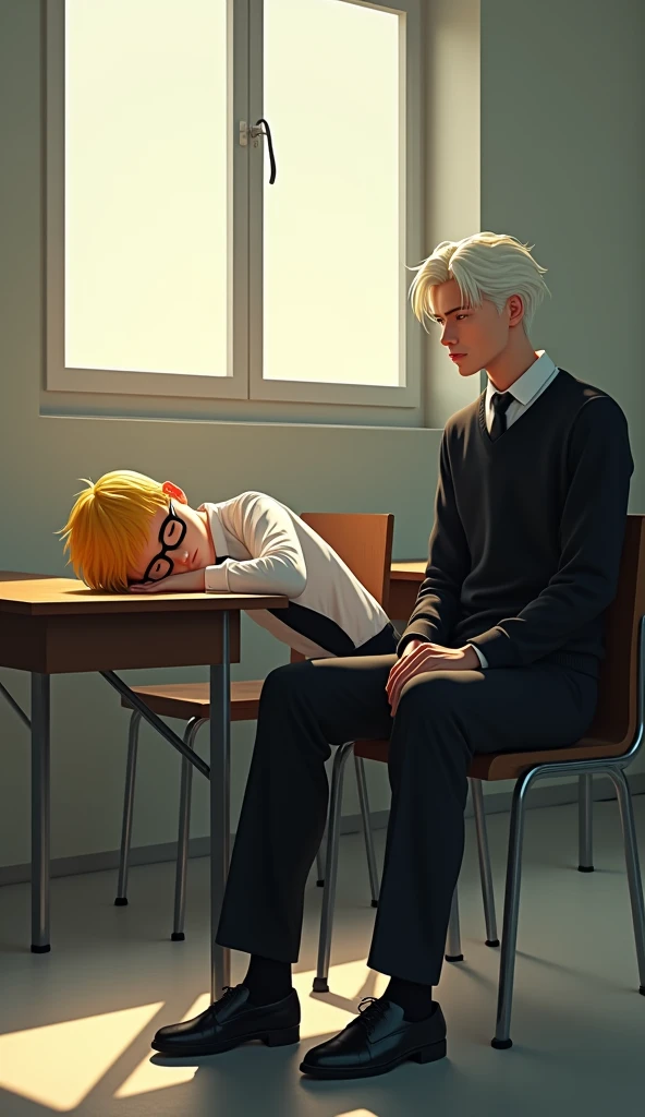 A quiet classroom in the morning, with soft natural light streaming through the windows. Jab, a skinny boy with a distinct appearance, is lying down on his desk, appearing tired or sleepy. He has short, yellow hair that contrasts with his black-framed glasses. He’s dressed in a crisp white long-sleeved shirt, neatly tucked into black pants, with a black tie and polished black leather shoes, completing his sharp and clean look. His head is resting on his arms. Next to him, Jam, a young man with a well-defined physique and striking white hair, is sitting upright in his chair, attentively watching Jab with a concerned or curious expression. Jam is dressed in a black sweater without a zipper, layered over a white long-sleeved shirt. His attire is completed with a black tie, black pants, and polished black genuine leather shoes. The clean lines and sharp details of his outfit contrast elegantly with his white hair. The classroom is empty, with no other students or teachers present. The desks and chairs are arranged neatly, and the scene has a peaceful, almost serene atmosphere, with soft lighting highlighting the details of both Jab’s and Jam’s unique features and attire.(hyper realistic)
