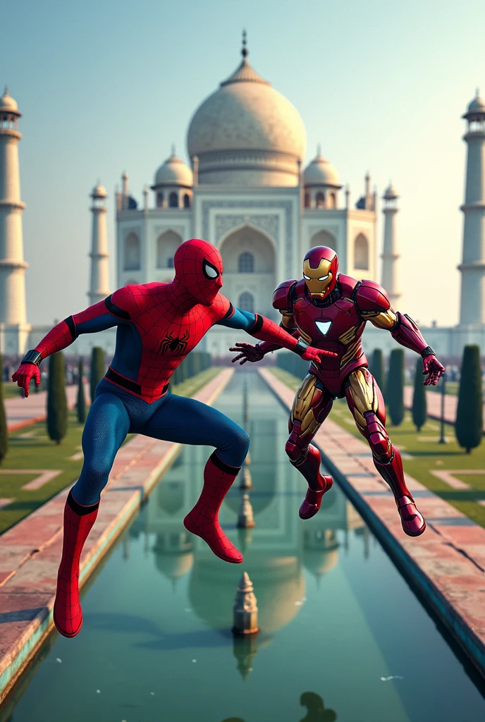 Spider man and iron man  near taj mahal
