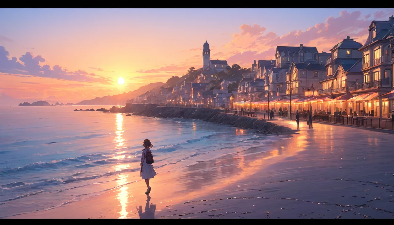A beautiful detailed sunset over a coastal city, a scenic seaside promenade, 1girl walking alone, detailed anime-style character, intricate architectural elements, glowing warm lighting, soft pastel colors, serene tranquil atmosphere, (best quality,4k,8k,highres,masterpiece:1.2),ultra-detailed,(realistic,photorealistic,photo-realistic:1.37),detailed environment,dramatic lighting,vibrant colors,detailed background,detailed scenery