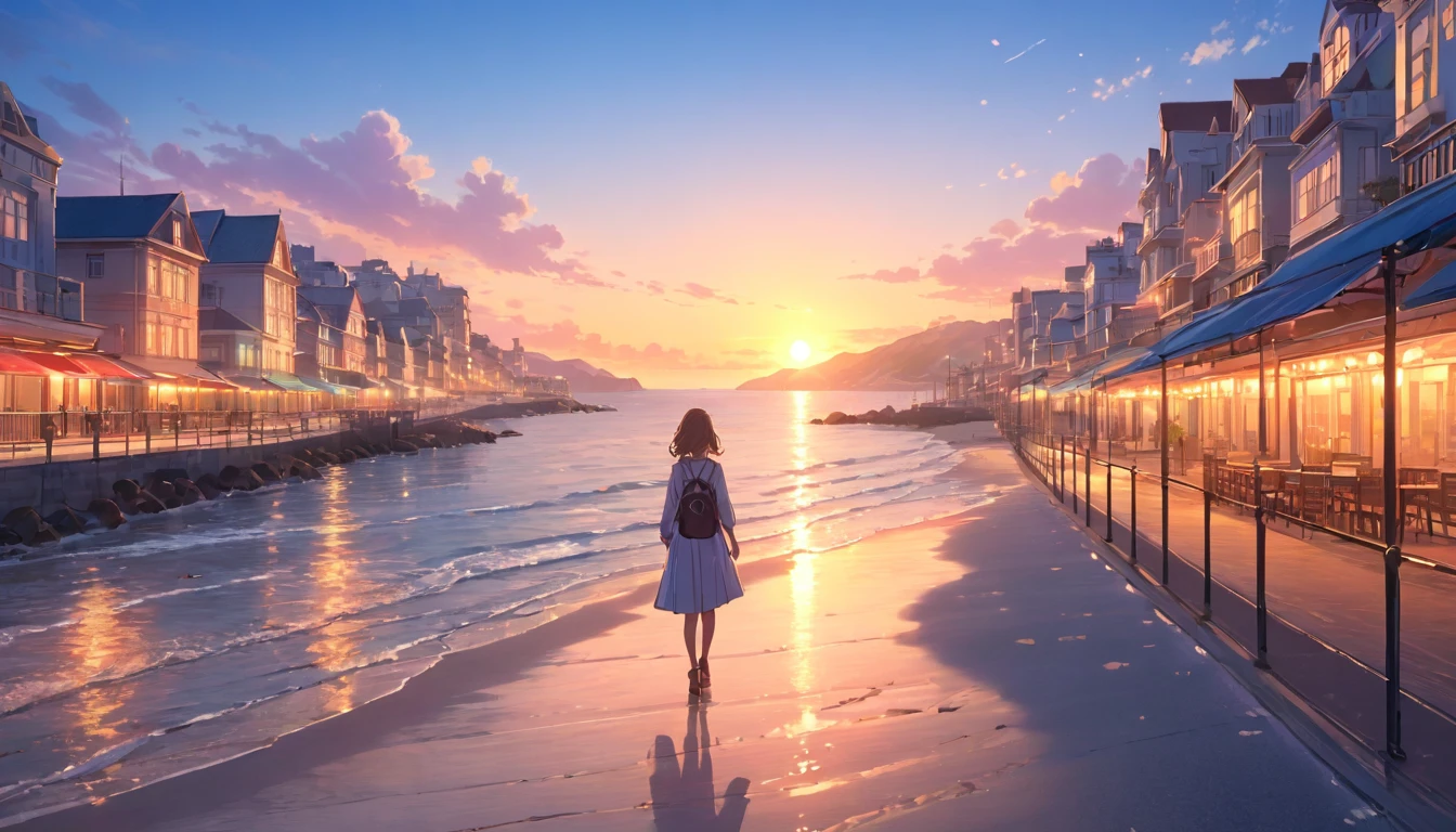A beautiful detailed sunset over a coastal city, a scenic seaside promenade, 1girl walking alone, detailed anime-style character, intricate architectural elements, glowing warm lighting, soft pastel colors, serene tranquil atmosphere, (best quality,4k,8k,highres,masterpiece:1.2),ultra-detailed,(realistic,photorealistic,photo-realistic:1.37),detailed environment,dramatic lighting,vibrant colors,detailed background,detailed scenery