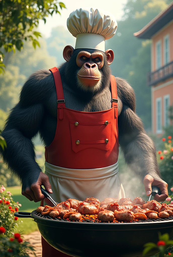 A very big and huge monkey wearing sexy chef clothes grilling meat in the garden realistic, real, high resolution detail, full photo like rea