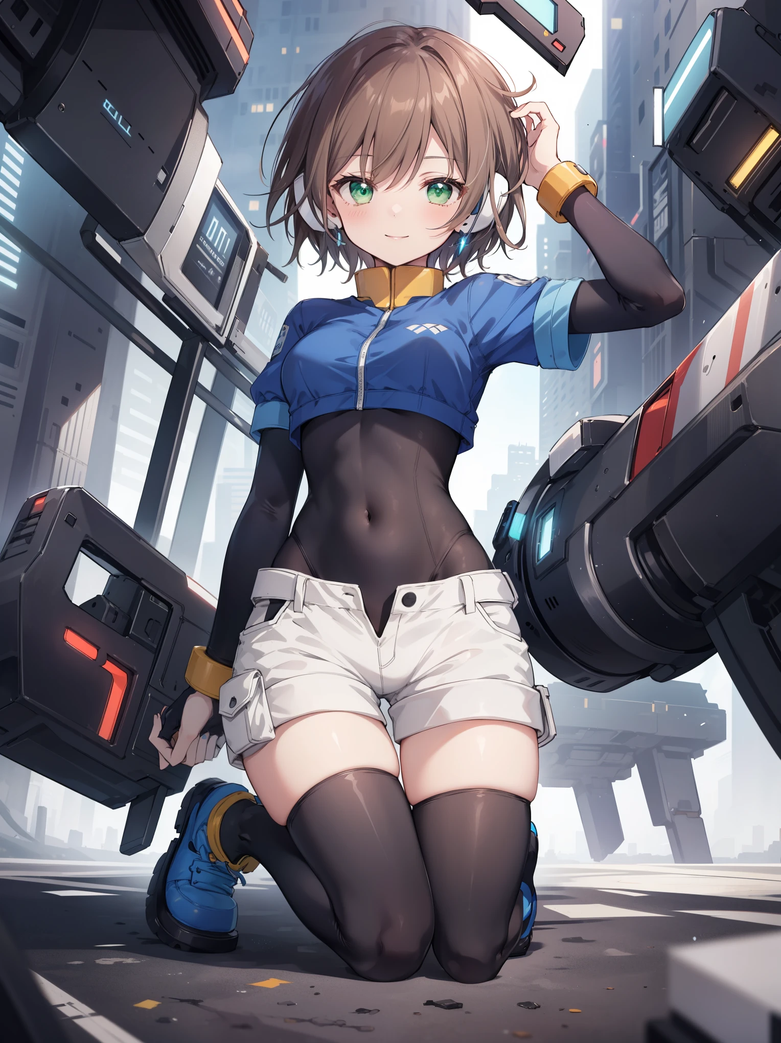 aile_megamanzx, kneeling with hand on the ground and , 1girl, solo, short hair, brown hair, short sleeves, (bodysuit), robot ears, green eyes, short_shorts, short sleeves, short over long sleeves, smile, in futuristic city, , high quality, medium_breasts,crotch, slouch,(armpit:0.7)