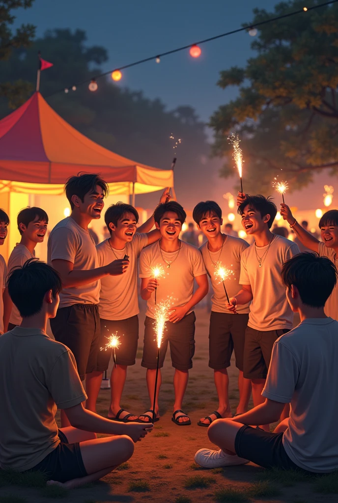 Male group in their late 20s　Japanese　Hand-held fireworks　　camp site　LGBT Tent　Sexy feeling　　About 20 boys　みんなHand-held fireworks持ってる