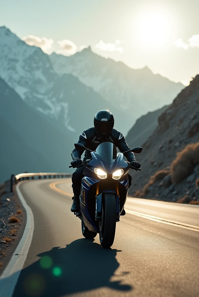 A biker, VR46 Jacket with Advanced safety gear, Kawasaki H2RSX Bike, crusing on a mountain highway, dawn time, dim sun through clouds silver lining, Winter season , Prime Lense Landscape Shot, Sun glare on lense