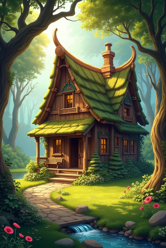 Draw a wooden fairytale house in a forest clearing.