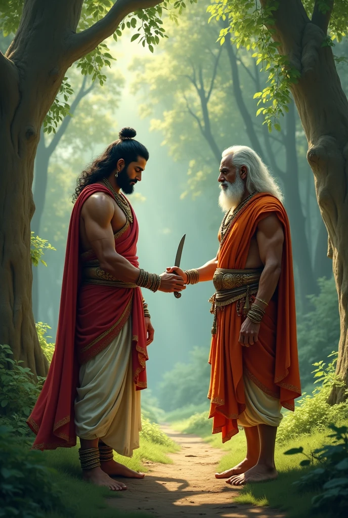 A young king ekalavya with fit body cutting his left hand thumb In front of his 50 years old guru Dhronacharya in forest