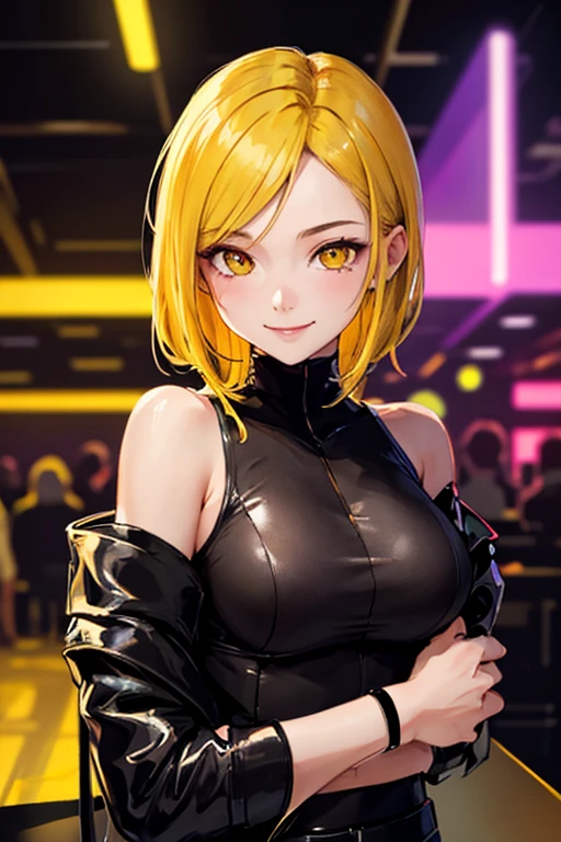 high quality, subsurface scattering, chromatic lighting,
colorized, yellow + black limited color palette,
detailed concept drawing,
in a club, posing, futuristic, cyberpunk,
portrait, 20yo 1girl, medium soft breasts, slender, yellow hair, yellow eyes, smiling