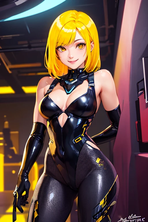 high quality, subsurface scattering, chromatic lighting,
colorized, yellow + black limited color palette,
detailed concept drawing,
in a club, posing, futuristic, cyberpunk,
portrait, 20yo 1girl, medium soft breasts, slender, yellow hair, yellow eyes, smiling
