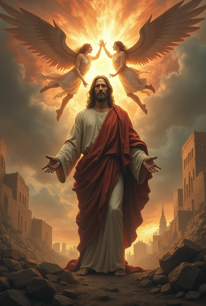 realistic jesus with apocalyptic background, demons and angels fighting in the heavens.  