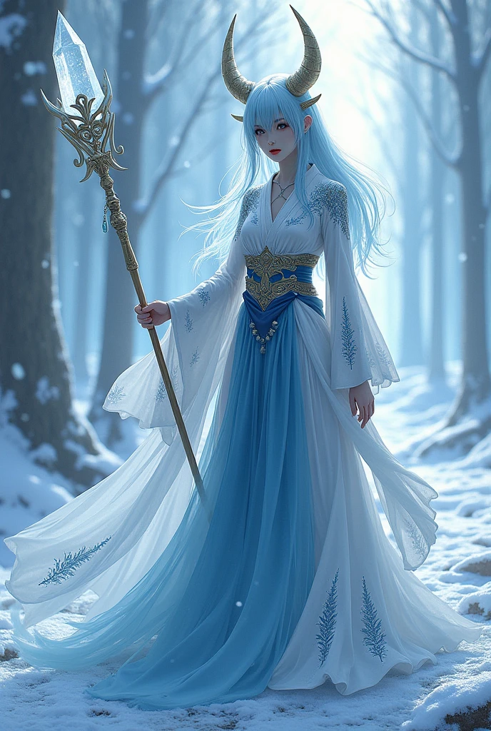 Oni oriental, female, ice blue and white dress, using a staff with a crystal, background floresta de gelo