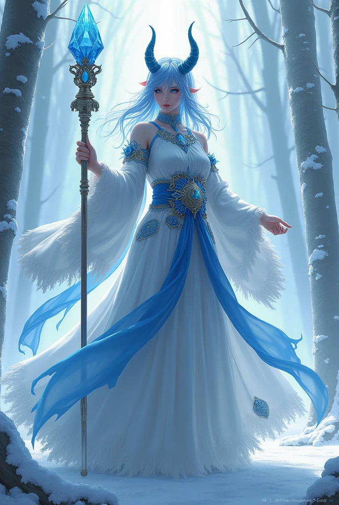 Oni oriental, female, ice blue and white dress, using a staff with a crystal, background floresta de gelo