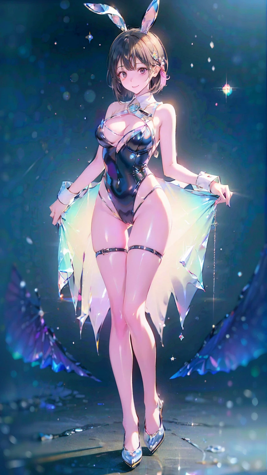 (high detail, high quality, best picture quality, masterpiece, 8K), DOF, Focus on the face, from below, at a medium distance, in a rule of thirds composition, full body standing, ((very pretty girl in her early s is looking up at the sky with a gentle smile/big bust/dark red eyes/Sparkling Eyes/Iridescent long hair/hime cut hair)), hair over one eye, play boy bunny, Fishnet stockings, shiny glossy iridescent clothes, shiny glossy latex gradient iridescent clothes, shiny reflective clothes, transparent clothes, intimate clothing, glass texture, gradient translucent glass melt, dynamic posing, exciting mood, smiling, dynamic angle, sexy pose,