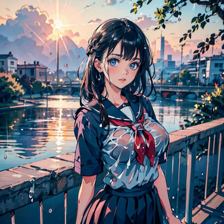 Anime Waifu beautiful detailed eyes, beautiful detailed lips, extremely detailed eyes and face, longeyelashes, 1girl, sensual, young woman, medium breasts, beautiful feminine face, nice thighs, slim, sexy, erotic, beautiful clothes, perfect body, cinematic lighting and framing, (best quality,4k,8k,highres,masterpiece:1.2),ultra-detailed,digital painting,portrait,glamorous,highly detailed,soft lighting,warm color tones , (beautiful girl: 1.3),1girl,masterpiece, Highest quality, Ultra-high resolution,rich contrast,super high quality,8k,Highly detailed CG unit wallpaper,texture,Incredibly absurd,Ultra-high resolution,RAW Photos,Depth of Field 1.2,overlooking,(magnificent panorama view:1.3),(High School Uniform&Pleated skirt:1.5),Black Hair,Crown braid,Ultra-detailed eyes,(sensuous),Glowing Skin,loafers,leaves dripping with rain,sunlight through trees,post-rain aroma,Her jacket is open and her breasts are exposed,blush,Sigh,look up,(((Wet))),((Large Breasts)),After the Rain,pencil drawing