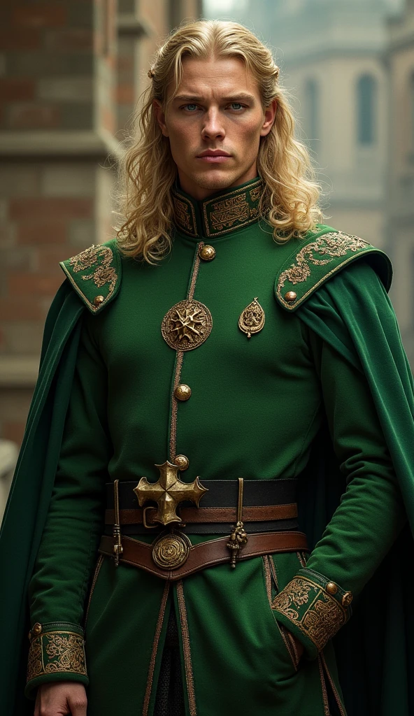Niels Visser is a prince with golden blonde hair, Wearing moss green medieval military uniform, Staring forward with a sharp emerald green gaze. whole body, art:Greg Rutkowski