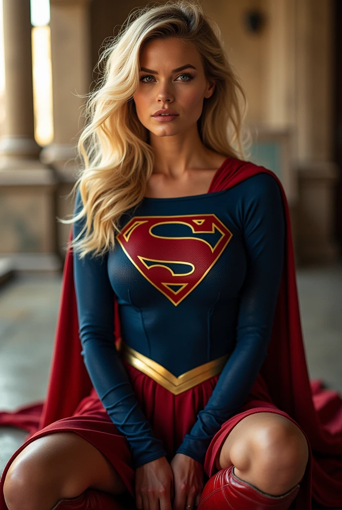 One Girl、Melissa Benoist - SMF、Blonde、Superhero、Long Hair、Beautiful Lips、Exterior Armor、Bodysuits、Red Skirt、Knee-high boots、Red footwear、high quality、High resolution、masterpiece、Sharp focus、Like the picture、RAW Photos、Bust Shot、Cinematic lighting、Detailed skin texture、Detailed fabric texture、Beautifully detailed face、Intricate details、Ultra-detailed、Perfect physique、expensive、smile、Focus from the chest up、Wearing a Supergirl costume、乱れたBlonde、Dynamic Action、Look at the viewers、the background is a expensive building、Sitting upright