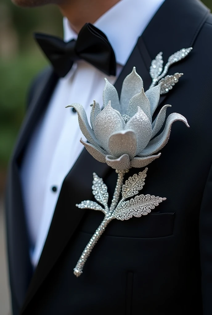 A dead beautiful silver steam flower with leaves made of small diamonds for mens wedding suit.