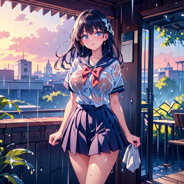 Anime Waifu beautiful detailed eyes, beautiful detailed lips, extremely detailed eyes and face, longeyelashes, 1girl, sensual, young woman, medium breasts, beautiful feminine face, nice thighs, slim, sexy, erotic, beautiful clothes, perfect body, cinematic lighting and framing, (best quality,4k,8k,highres,masterpiece:1.2),ultra-detailed,digital painting,portrait,glamorous,highly detailed,soft lighting,warm color tones , (beautiful girl: 1.3),1girl,masterpiece, Highest quality, Ultra-high resolution,rich contrast,super high quality,8k,Highly detailed CG unit wallpaper,texture,Incredibly absurd,Ultra-high resolution,RAW Photos,Depth of Field 1.2,overlooking,(magnificent panorama view:1.3),(High School Uniform&Pleated skirt:1.5),Black Hair,Crown braid,Ultra-detailed eyes,(sensuous),Glowing Skin,loafers,leaves dripping with rain,sunlight through trees,post-rain aroma,Her jacket is open and her breasts are exposed,blush,Sigh,look up,(((Wet))),((Large Breasts)),After the Rain,pencil drawing