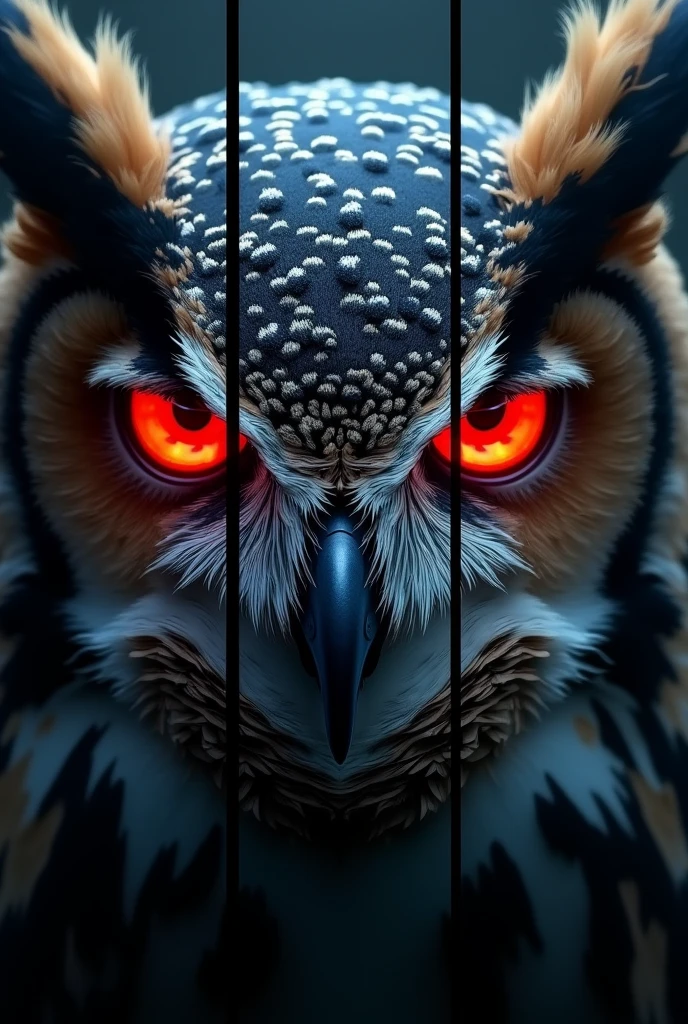 Owl face with red eyes for a frame divided into three parts 