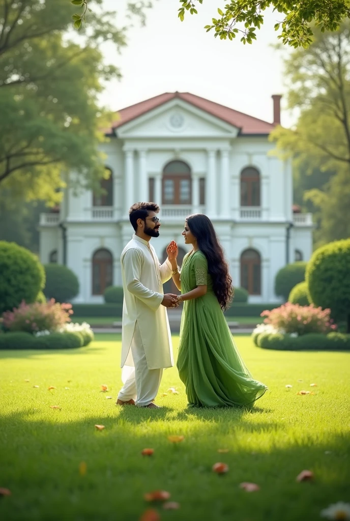 A scene where a "skinny" boy of "22 years" with light beard and thin hairs oblong sttucture thin face wearing glasses in white kurta playing around with his "skinny" wife of "19 years" in green salwar suits in the middle of the garden of his mansion of white color 