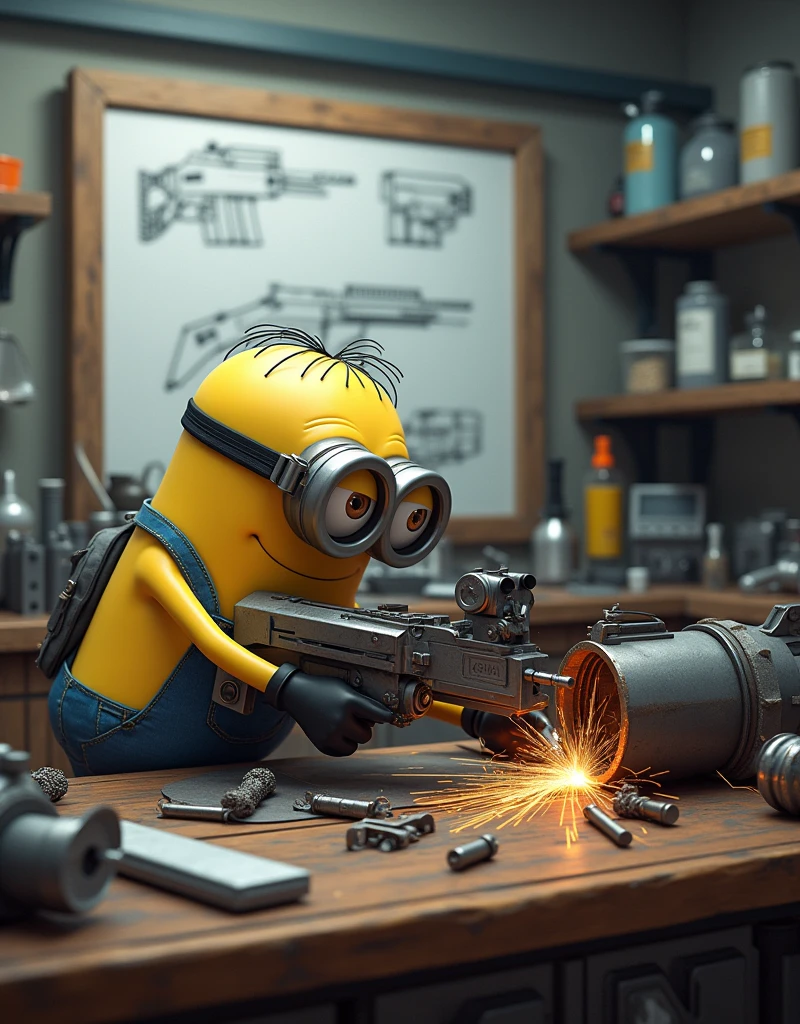 Minion Kevin is working hard at a lab table full of scientific tools and accessories.. The whiteboard behind has weapon design sketches.. Kevin is highly focused., hands move quickly, weld and assemble components to build a large weapon, complicated.