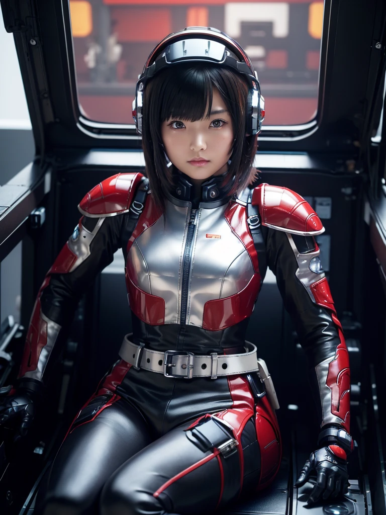 masterpiece, Highest quality, Very detailed, Japanese Android girl, Beautiful 2 Japanese woman, Plump,Slightly thicker,Control panel,Android,cyborg,Blunt bangs,Sitting in the cockpit and holding the control stick,Red robot suit,Thick black harness belt,Helmet