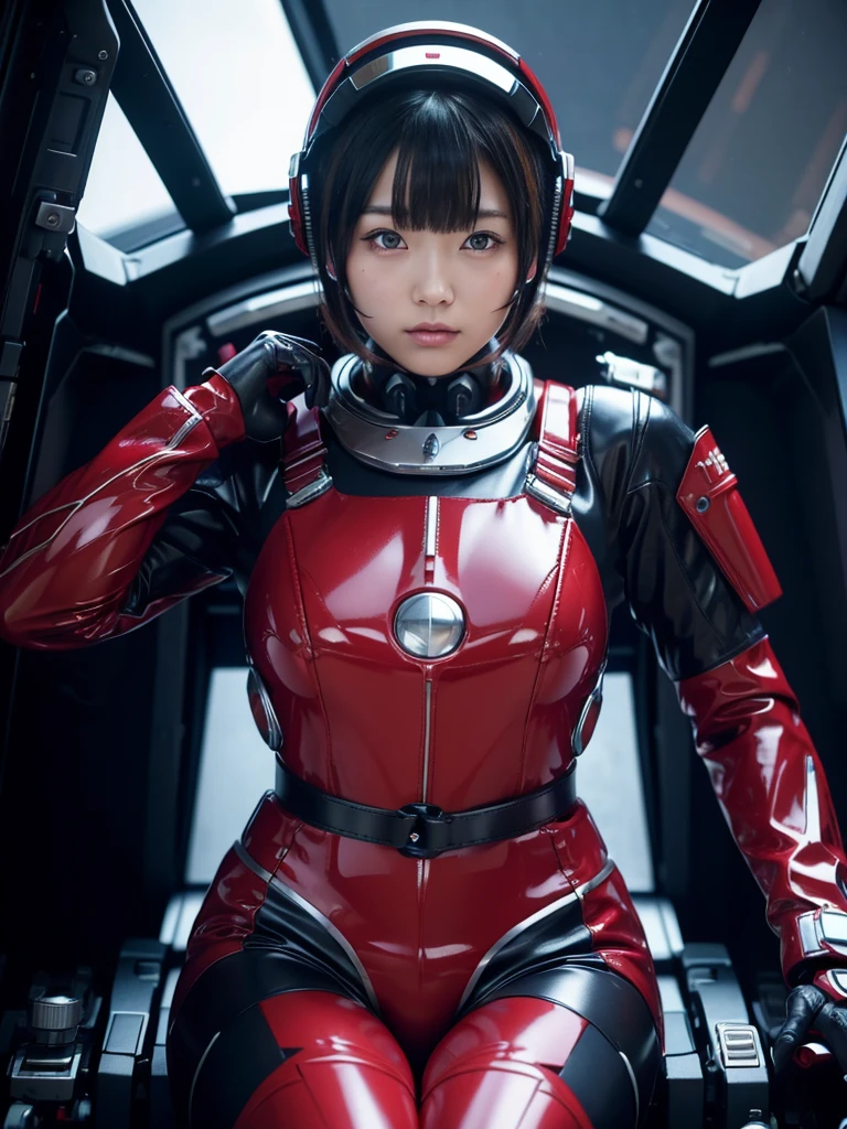 ( short hair, street, emo, BLACK hair, white eyes, eyeliner, apocalypse, girl, nside the (cockpit) of a (futuristic spaceship:1.6), , blush,sitting on a chair, covered navel, space helmet, muvluv, space helm, plugsuit , space helmet, eva helm,red bodysuit, short hair, FROM SIDE,upper body,close up