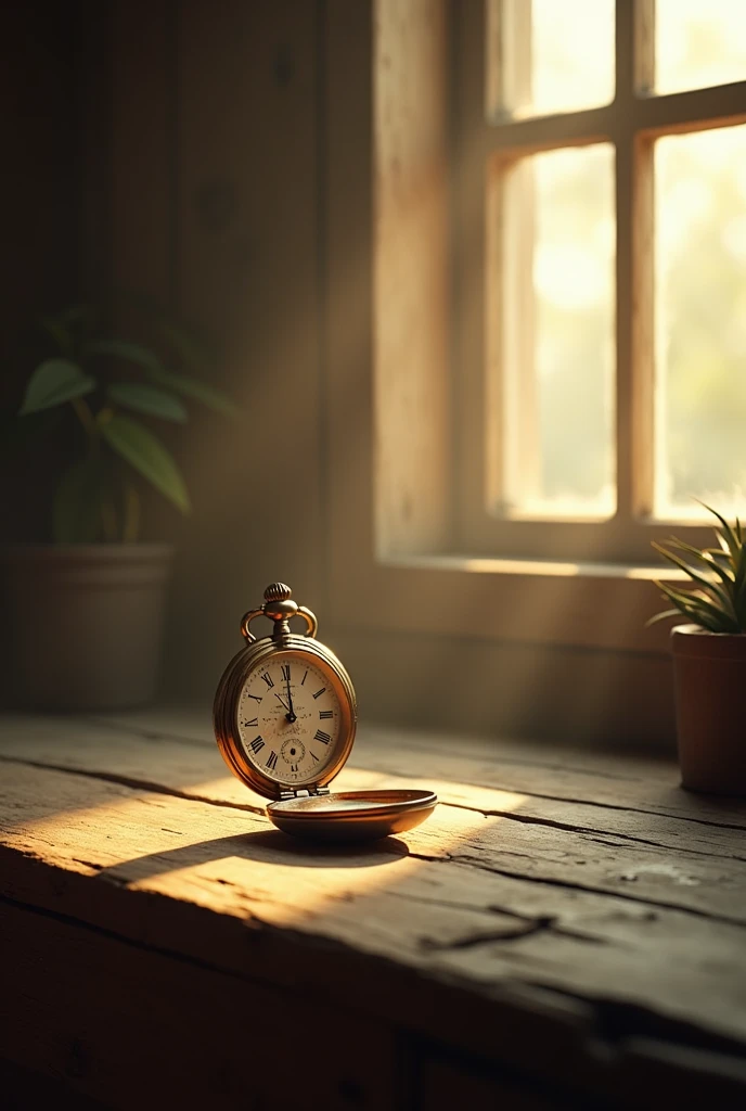 The closed pocket watch, resting on a wooden table next to an open window, with sunlight shining softly. The scene conveys peace and a sense of renewed purpose..