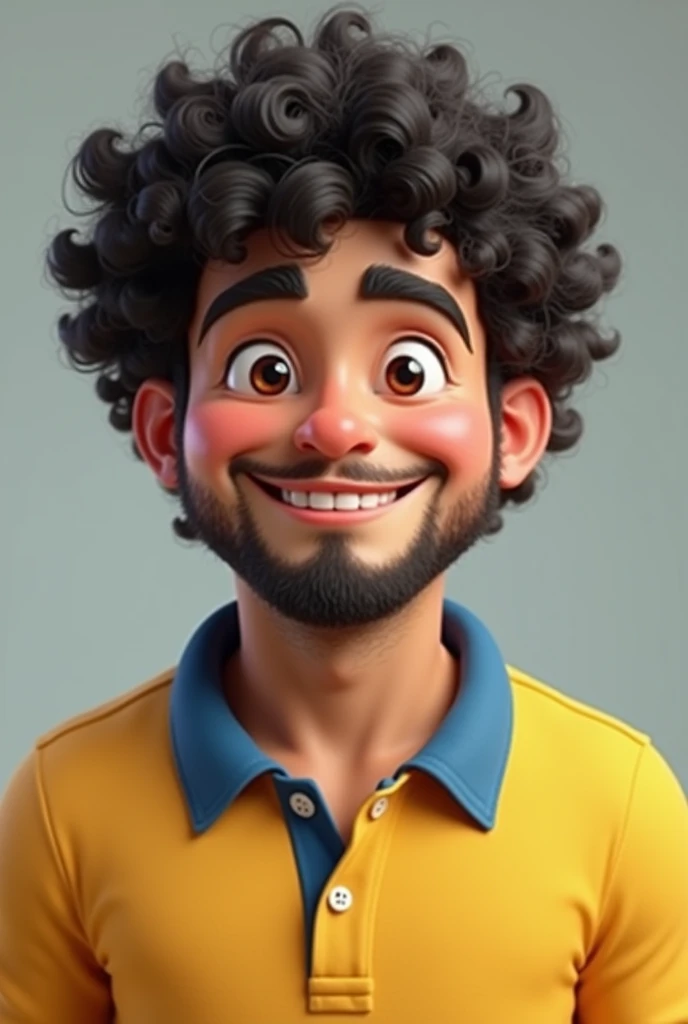 Fat young adult man goatee curly hair black round face yellow polo shirt with blue collar