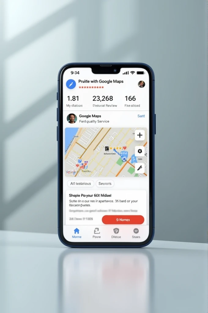 Create an AI-generated photo for a Google website display picture, featuring a smartphone screen that displays a Google Maps interface. The screen should prominently show a 5-star service rating with positive reviews, emphasizing the quality and trustworthiness of the service. The image should be clean, professional, and instantly recognizable as related to Google Maps ratings, making it suitable for a website profile picture."