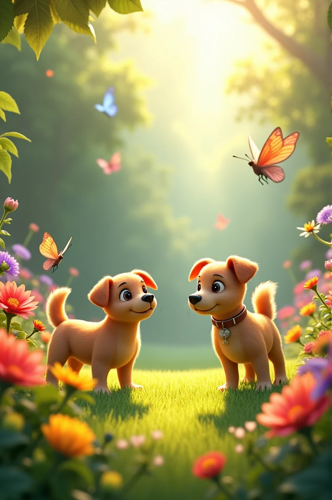 Bella and Max exploring a colorful garden. Bella is sniffing flowers, and Max is playfully chasing butterflies. The garden is vibrant and full of life."