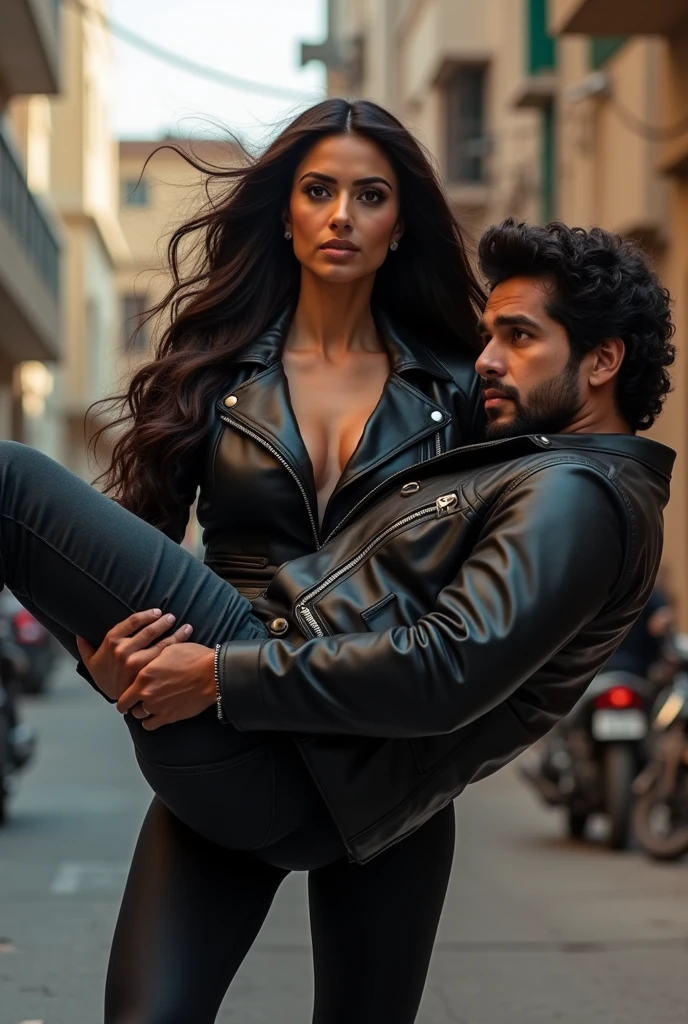 Nora fatehi in black leather jacket lifting and picking up a chubby man in her arms