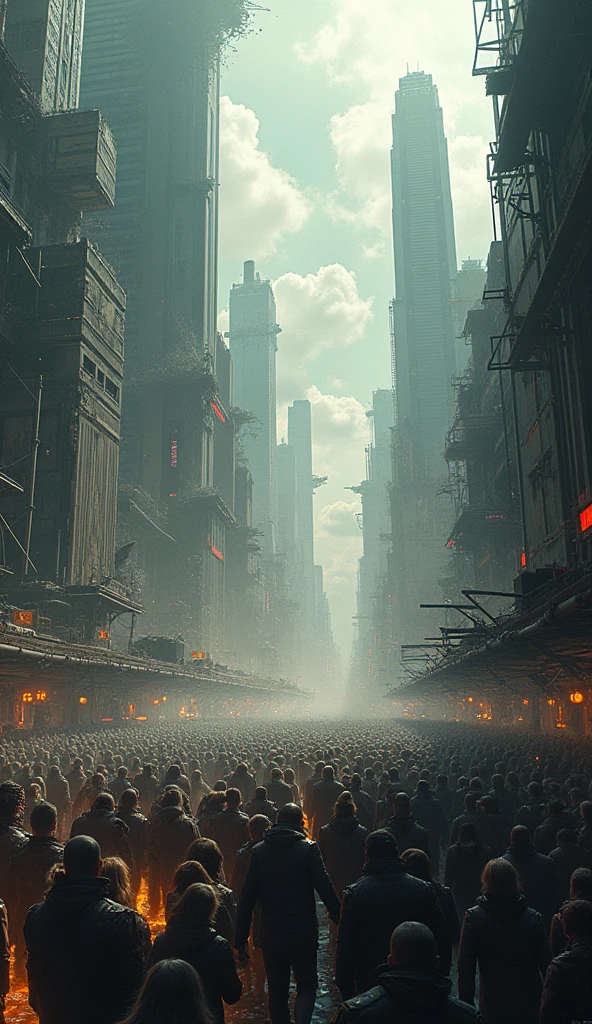 illustration, crowd of people, city destruction, destroyed buildings, extreme high angle, bird angle, very long angle, cyberpunk 