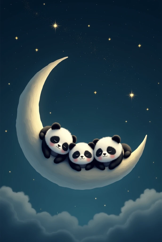 create mobile wallpaper with 3 cute pandas, sleeping on a crescent moon, white, in a night sky. only blue colors, black andwhite. realistic styling