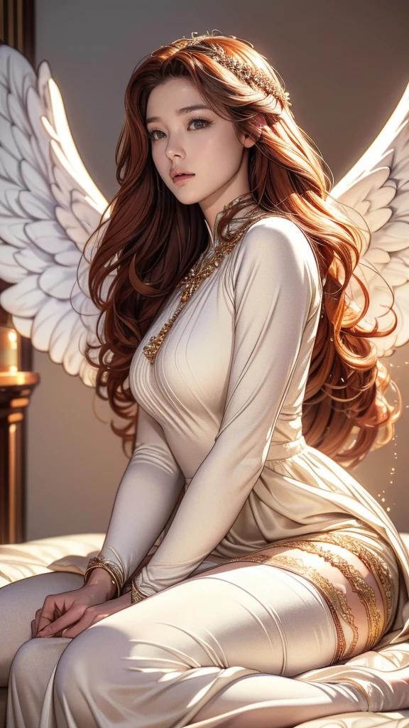 (Highest quality,8k:1.2,High resolution:1.2),Look forward、Spectacular cinematic images,A brilliant appearance,Very detailed,Realistic,Vintage Goddess Angel Woman,Long red curly hair,Very detailed顔,Long eyelashes,Big angel wings,Soft white dress,Tan tights,Metallic accessories,Physically Based Rendering,Sharp focus,Natural light