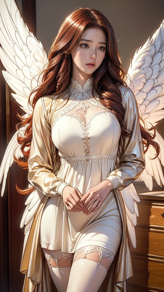 (Highest quality,8k:1.2,High resolution:1.2),Look forward、Spectacular cinematic images,A brilliant appearance,Very detailed,Realistic,Vintage Goddess Angel Woman,Long red curly hair,Very detailed顔,Long eyelashes,Big angel wings,Soft white dress,Tan tights,Metallic accessories,Physically Based Rendering,Sharp focus,Natural light
