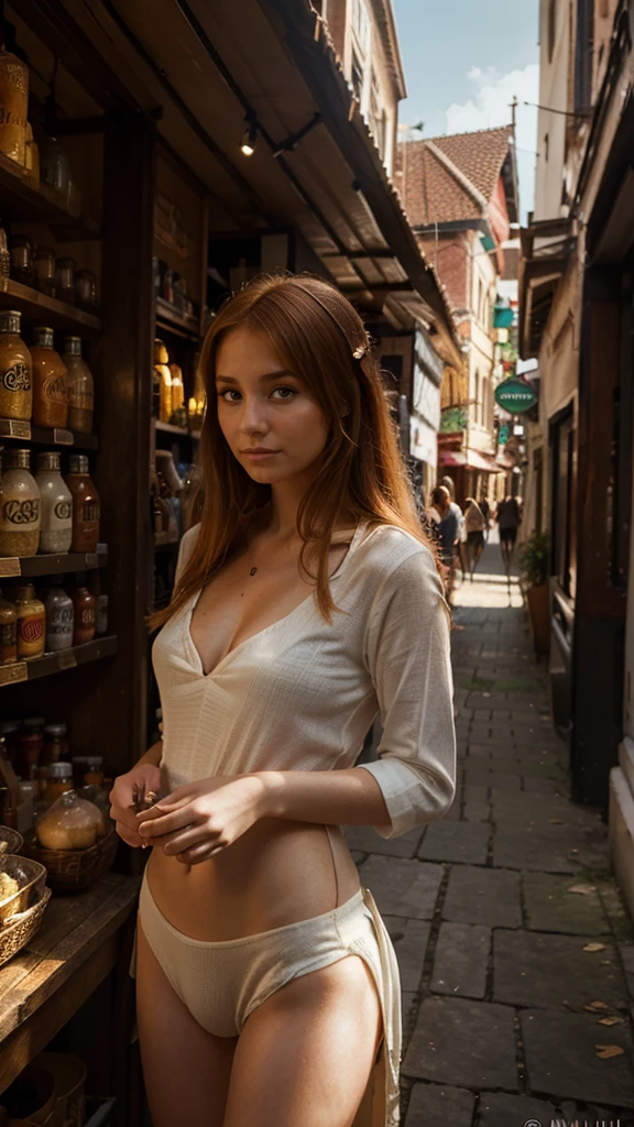 Photorealistic photo of young ginger woman wondering in old market i Tailand, soft smile, art by midjorney, luminism, ultimate intricate shadow - light contrast, IPA award wining masterpiece, artistic lens, warm colors, art by Tim Burton