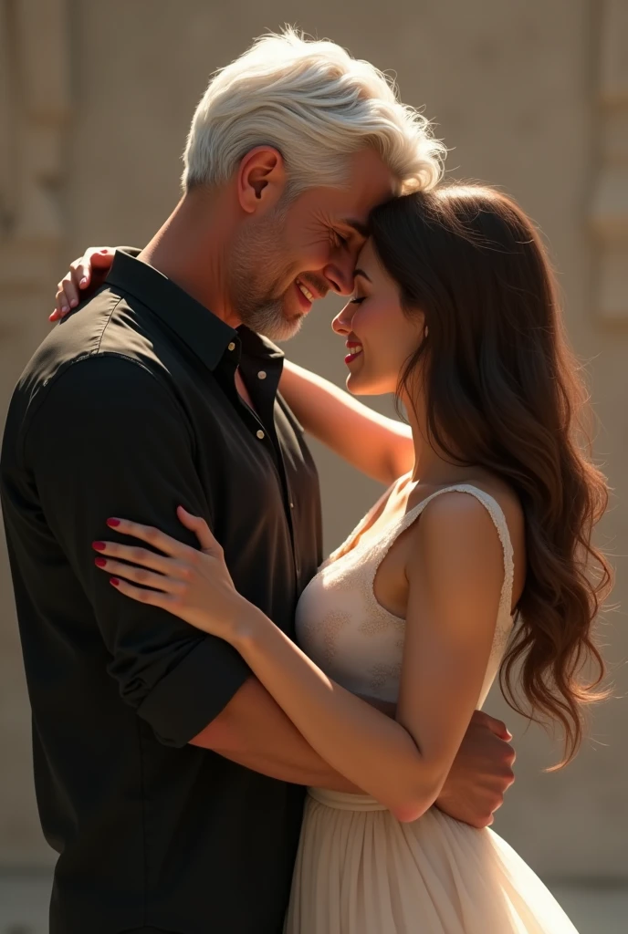 Two people hugging: One of them was a white-haired man, around 30 years old, with a good and tall body, wearing a black shirt. And the other is that his wife is 2, has long, slightly brownish hair, and is wearing an elegant white dress.