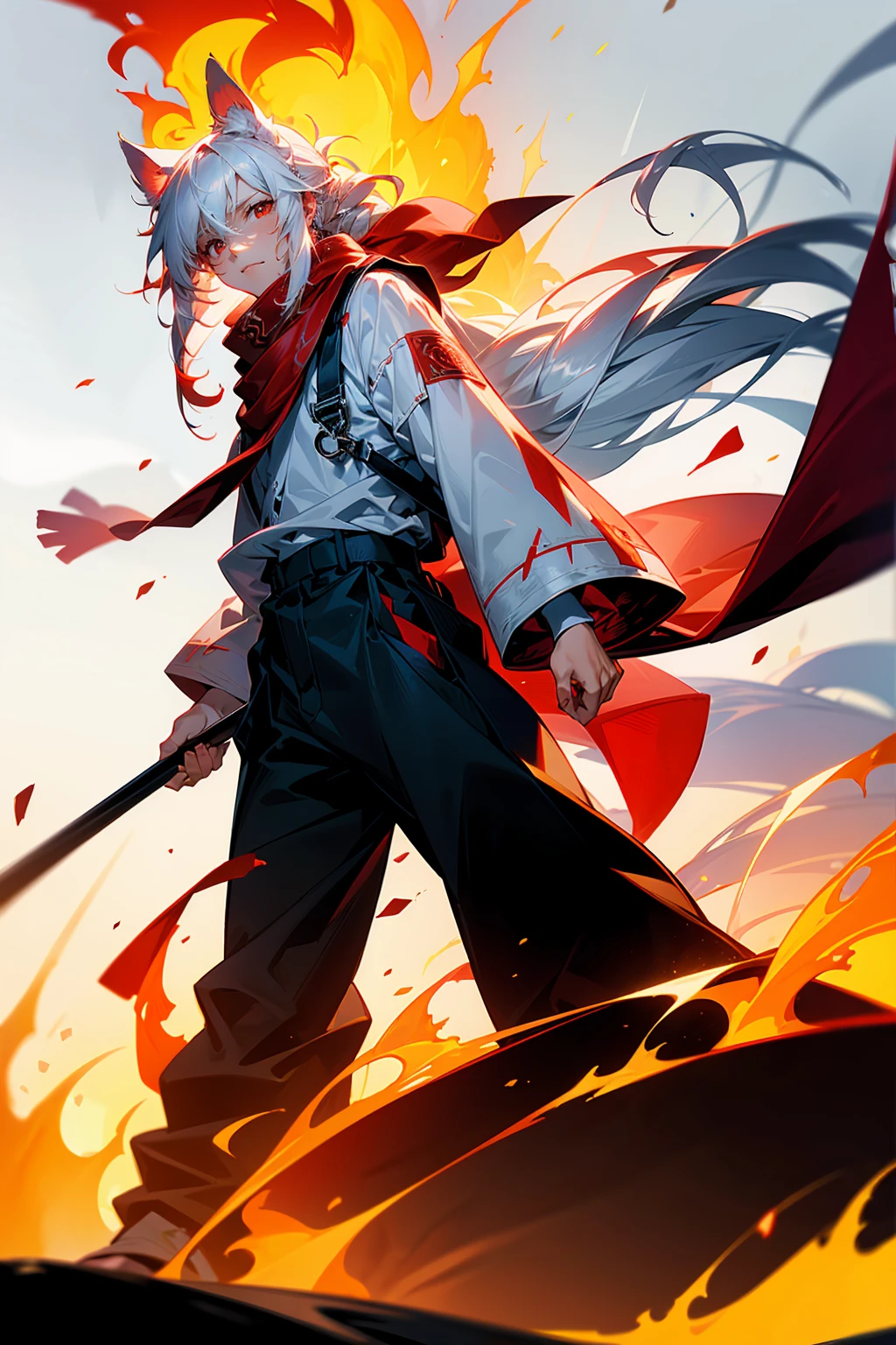 1male, Adult, Long White Hair, White Baggy Long Sleeve Shirt, Baggy Black Pants, Red Eyes, Red Scarf, Earring, Masculine, Surrounded By Flames, Single Hair Braid, Standing On Path, Dog Ears