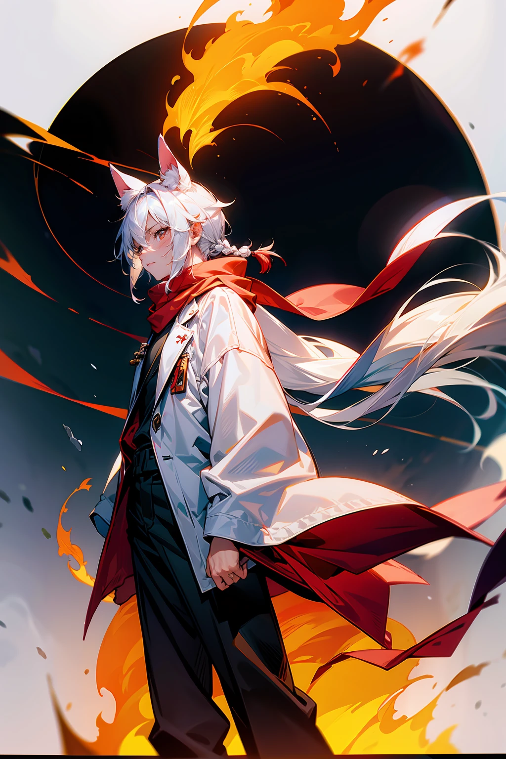 1male, Adult, Long White Hair, White Baggy Long Sleeve Shirt, Baggy Black Pants, Red Eyes, Red Scarf, Earring, Masculine, Surrounded By Flames, Single Hair Braid, Standing On Path, Dog Ears