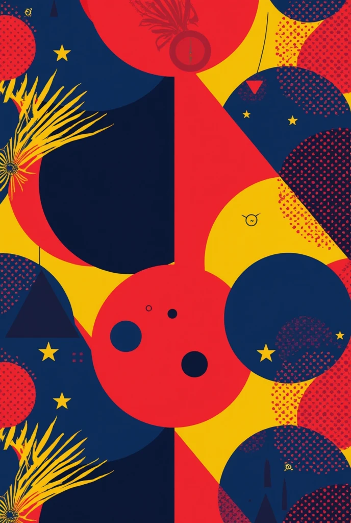 Generate a visually striking pattern using psychological principles of color, shapes, and forms. Incorporate bold, contrasting colors like vibrant red, deep blue, and bright yellow to create high visual impact. Use geometric shapes such as triangles and circles, arranged in dynamic, asymmetric compositions to draw attention and evoke energy. Integrate elements like sharp angles and smooth curves to create visual tension and balance. The pattern should be designed to capture and hold attention, using color and shape contrasts to stimulate visual interest and engagement