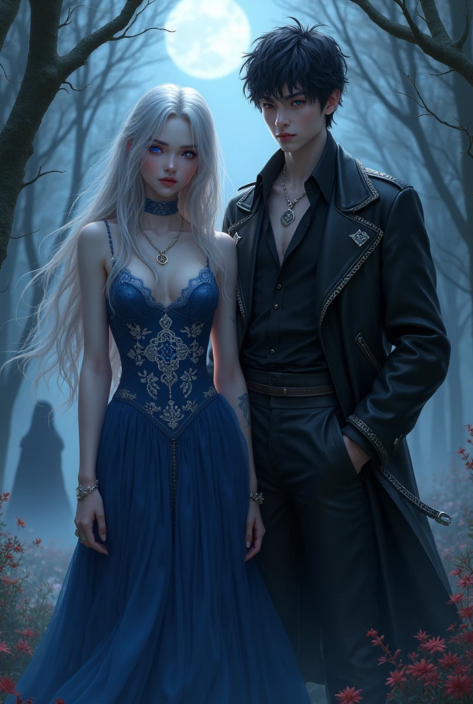 The protagonist with long, wavy hair, with silver locks that shine under the moonlight. Hair looks almost ethereal, as if floating lightly, the eyes a deep shade of blue, like a night sky, with small silver sparks that resemble stars. They have a hypnotic glow, almost as if they reflected the moonlight. Furthermore, the pupil is slightly elongated, giving a mysterious and predatory touch, like a vampire&#39;s. This combination conveys both her enchanted wisdom and a certain seductive and enigmatic air..
the skin is pale with a slight glow reminiscent of nighttime luminescence. Small constellation markings can adorn your arms and face, wearing a long, flowing dress, made of a fabric that appears to change color between deep blue and black, with silver embroidery could be in the center, com um olhar intenso, holding a magical artifact. 
Beside her is her brother with short, messy hair., with a dark tone that reflects a bluish glow under the moonlight. He has a rebellious and mysterious appearance.
Eyes An intense red, almost mesmerizing, that shines at night. They have a piercing gaze, capable of causing fascination.
Skin also pale, but with a colder touch, almost translucent. Veins may be slightly visible beneath the surface.
Clothing A fitted black shirt with leather details and dark pants. A long coat, elegant and structured, which gives a majestic and threatening air.
Accessories A silver chain around the neck and large rings that look like they&#39;re made of brushed steel, He is looking at the background where there is a shadow that represents the antagonist in the middle of the fog., with a threatening aura, A setting that mixes elements of nature and magic, like an enchanted forest with tall trees and bright flowers, but also with sinister shadows that suggest danger. runes that represent both blood (like drops or marks) as the charms (como estrelas)