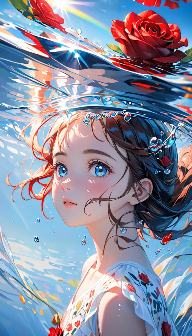 girl swimming underwater,Very detailed presentation style,It shines,Red Rose,light blue,brushwork,Ultra Realistic Oil Painting,Bright eyes,Head up close,Exaggerated perspective,Tyndall effect,drop of water,rainbow pearl,3d white,black background,