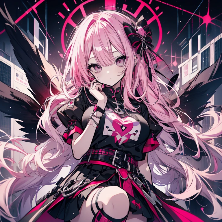 1 person、Mature、Ample breasts、Long Hair、濃いPink Hair、Pink Hair、Twin tails、Vertical roll hair、Curly Hair、Black Eyes、Round eyes、Long lower eyelashes、Trimmed bangs、Gothic Fashion、Red Cape、T-shirt with open chest、Gothic logo t-shirt、Punk fashion、Miniskirt、赤いMiniskirt、Black and white striped knee-high、Black crown、High resolution、Highest