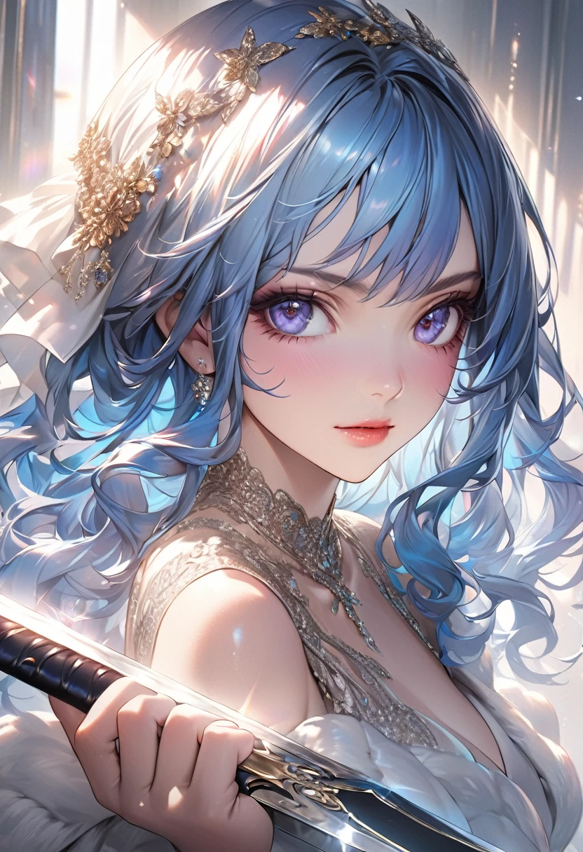 beautiful anime character, beautiful soft studio light, rim light, vibrant details,luxurious, lace, hyper-realistic, blue hair, holding a sword  