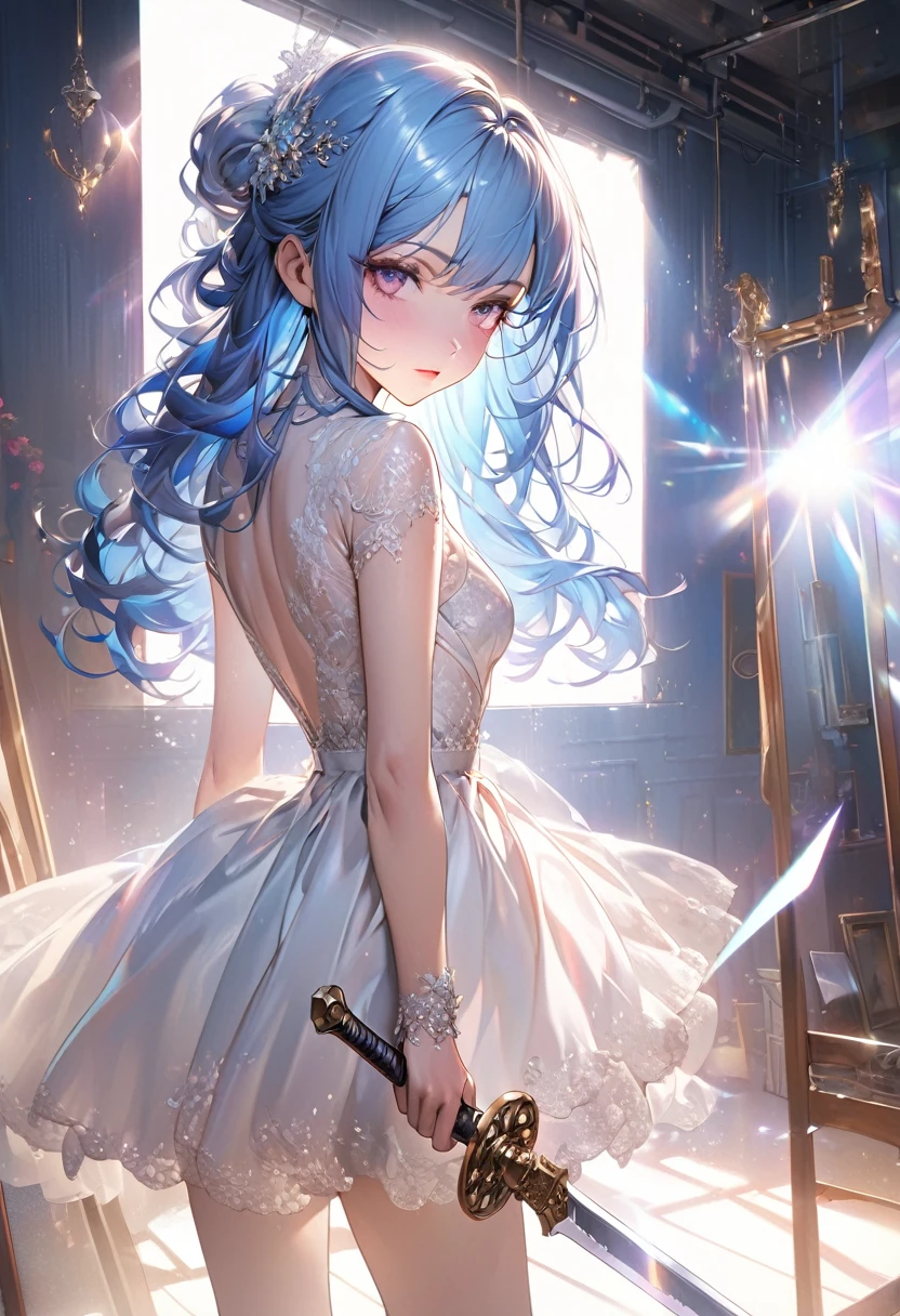 beautiful anime character, beautiful soft studio light, rim light, vibrant details,luxurious, lace, hyper-realistic, blue hair, holding a sword