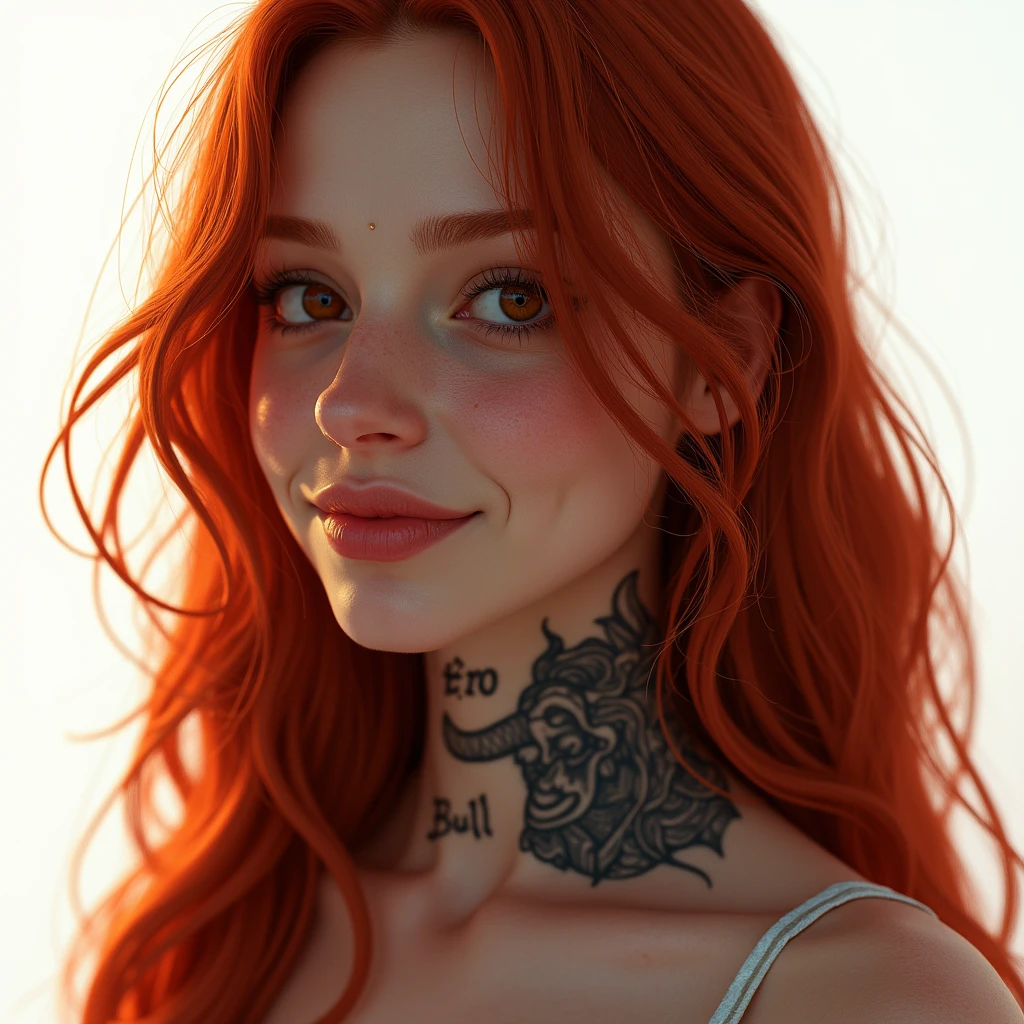 a beautiful smiling girl with long red hair, detailed eyes, nose, and lips, close-up from the side, looking at the camera, on a white background, tattoo on the neck with the inscription "ERO BULL"(best quality,4k,8k,highres,masterpiece:1.2),ultra-detailed,(realistic,photorealistic,photo-realistic:1.37),HDR,studio lighting,extremely detailed face and body, portrait,cinematic lighting,dramatic lighting,warm color tones,dramatic colors