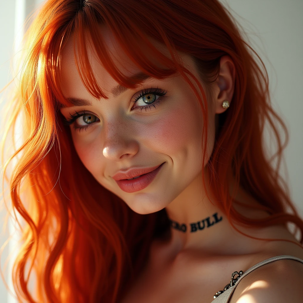 a beautiful smiling girl with long red hair, detailed eyes, nose, and lips, close-up from the side, looking at the camera, on a white background, tattoo on the neck with the inscription "ERO BULL"(best quality,4k,8k,highres,masterpiece:1.2),ultra-detailed,(realistic,photorealistic,photo-realistic:1.37),HDR,studio lighting,extremely detailed face and body, portrait,cinematic lighting,dramatic lighting,warm color tones,dramatic colors
