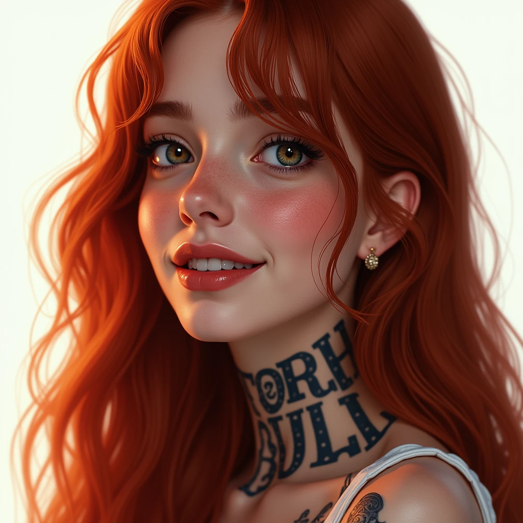 a beautiful smiling girl with long red hair, detailed eyes, nose, and lips, close-up from the side, looking at the camera, on a white background, tattoo on the neck with the inscription "ERO BULL"(best quality,4k,8k,highres,masterpiece:1.2),ultra-detailed,(realistic,photorealistic,photo-realistic:1.37),HDR,studio lighting,extremely detailed face and body, portrait,cinematic lighting,dramatic lighting,warm color tones,dramatic colors